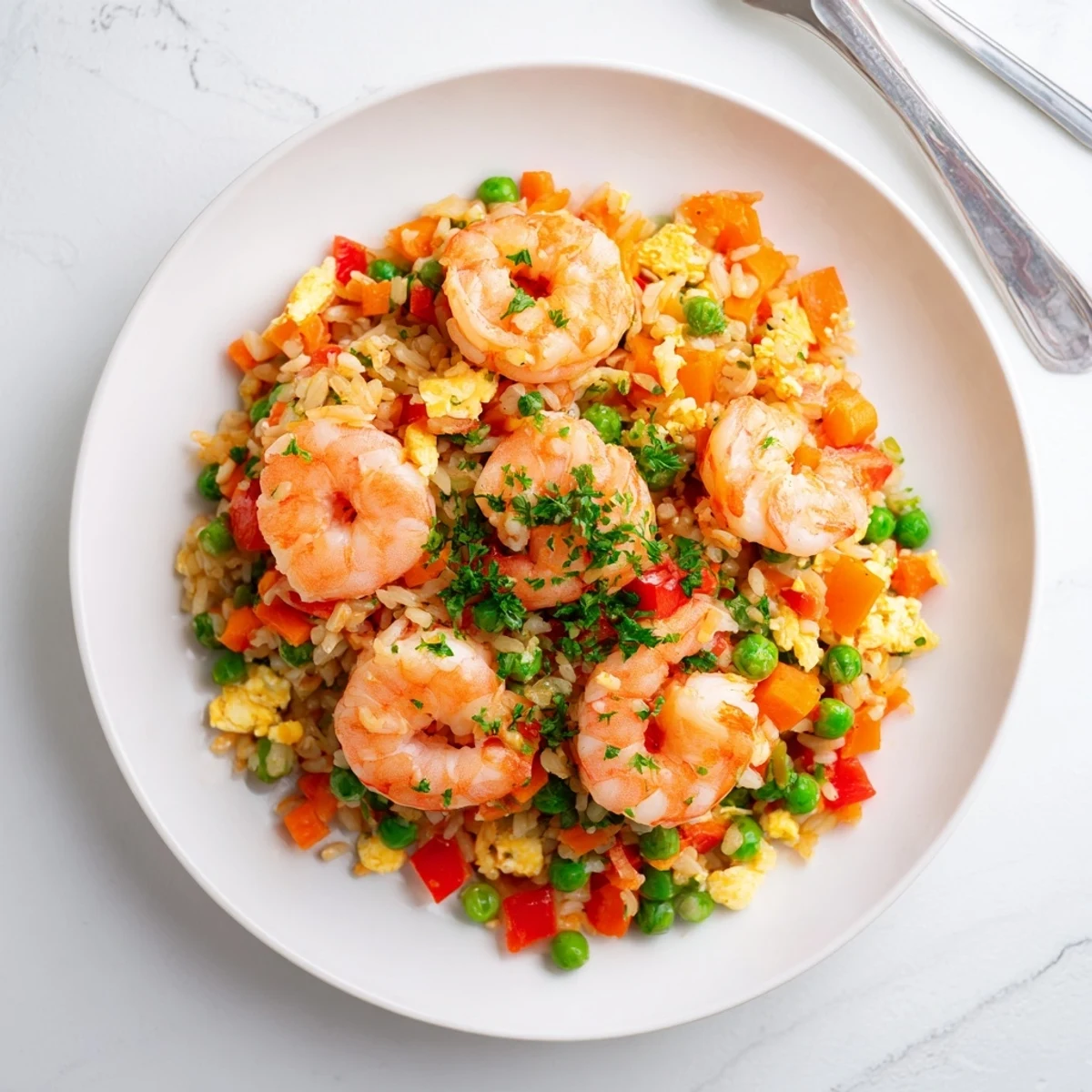 Steaming plate of garlic prawns and sweet chilli fried rice garnished with fresh parsley