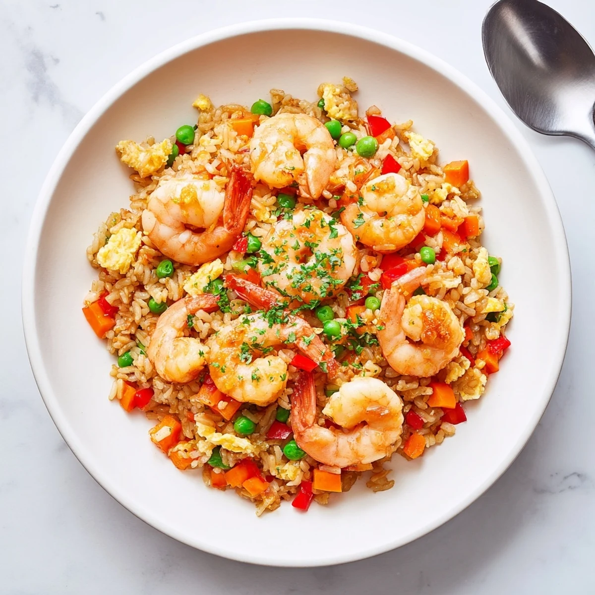 Vibrant Asian fusion dish featuring juicy garlic prawns over sweet chilli fried rice