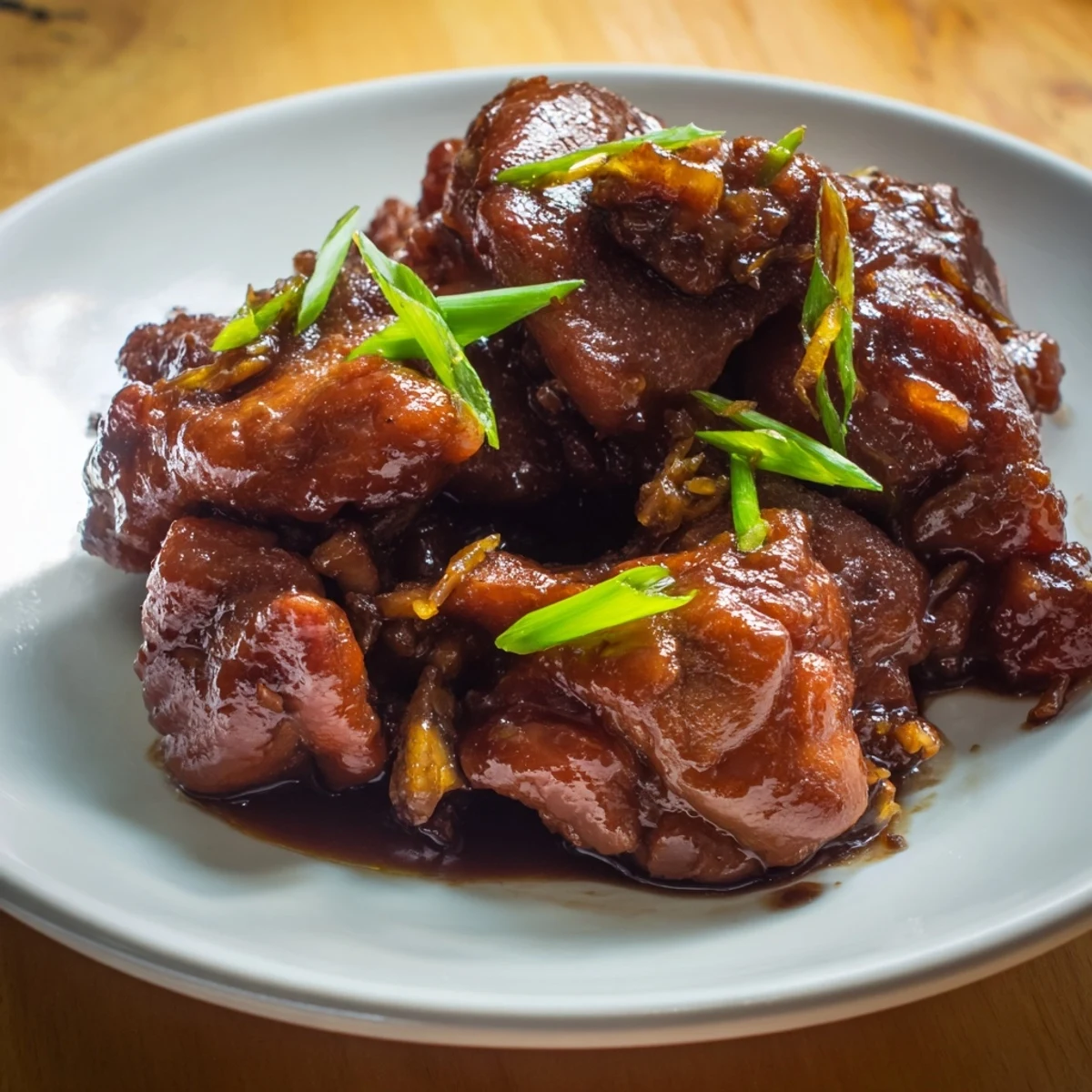 Golden brown sweet savory Mongolian chicken pieces glazed in sticky soy ginger sauce
