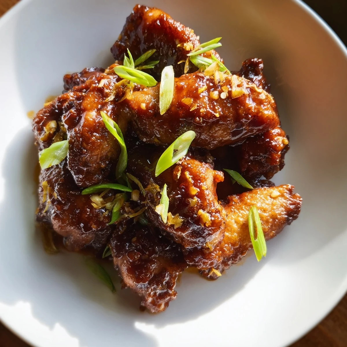 Tender chicken simmered in rich brown sugar glaze garnished with fresh green onions