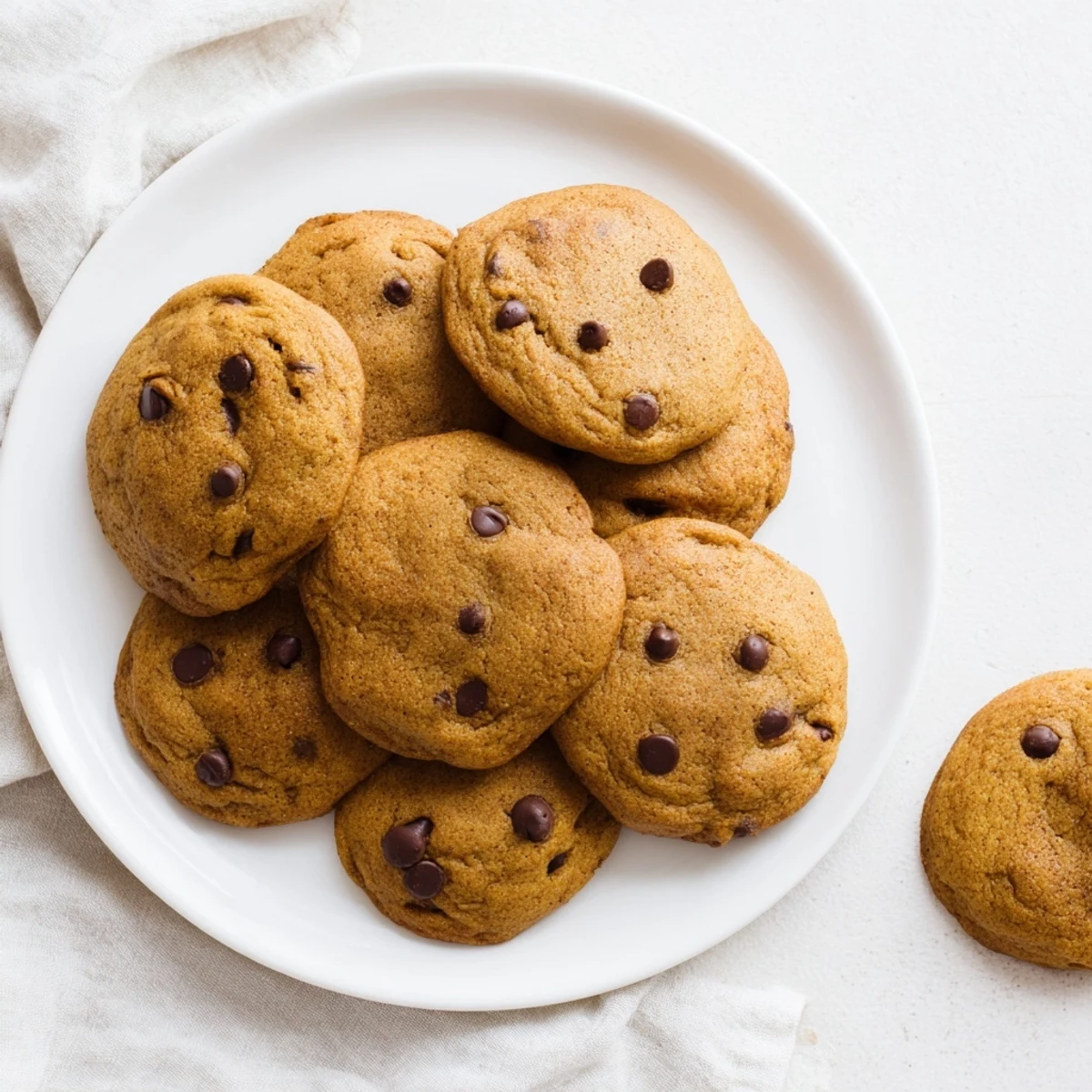 Golden pumpkin spice chocolate chip cookies sprinkled with sea salt and warm spices visible