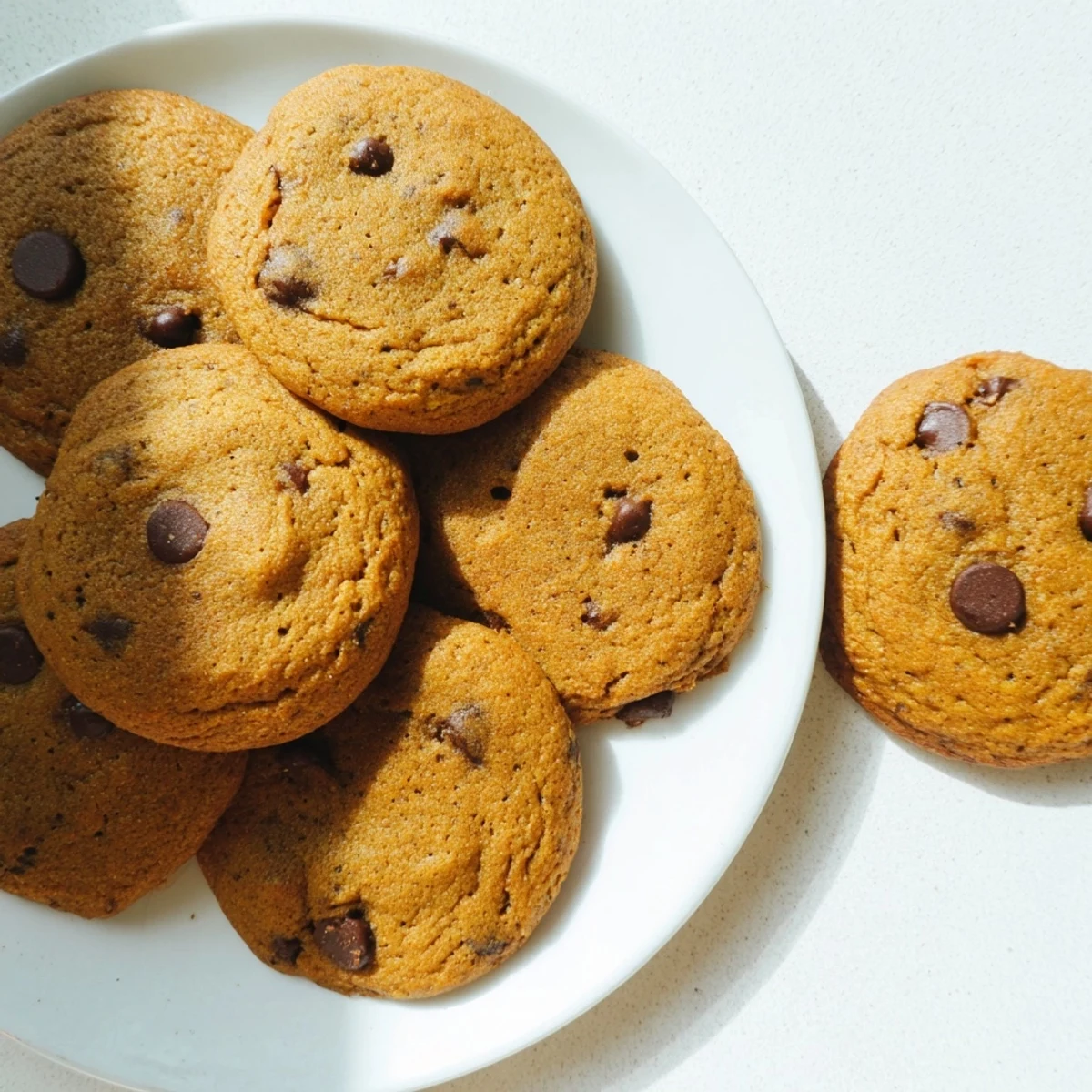 Soft chewy pumpkin spice chocolate chip cookies stacked on a wooden cutting board ready for serving