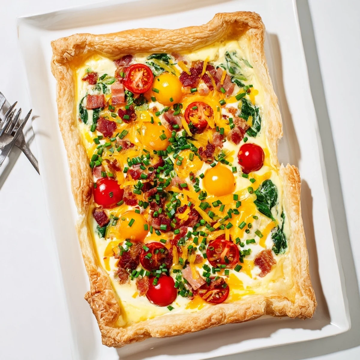 Savory breakfast tart featuring creamy egg custard, cheddar, and crisp bacon nestled in buttery puff pastry
