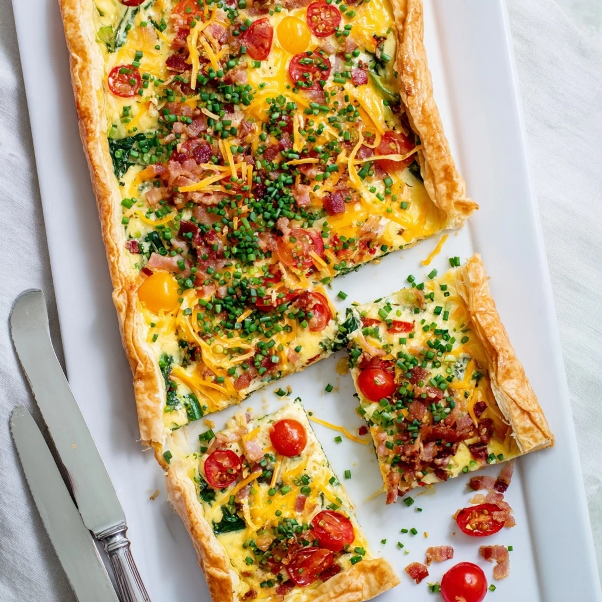 Golden family breakfast tart with flaky crust, eggs, bacon, and fresh vegetables on a rustic wooden board