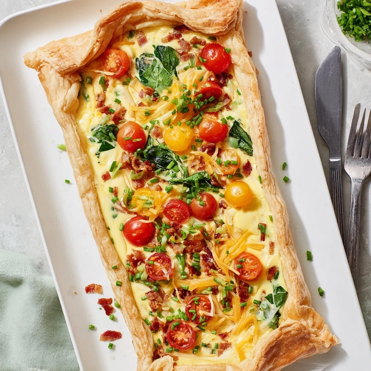 Sliced family breakfast tart displaying vibrant layers of spinach, tomatoes, and golden egg filling