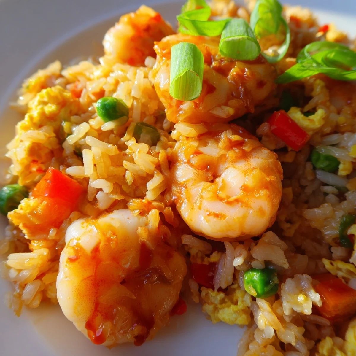 Golden garlic prawns arranged over vibrant sweet chilli fried rice with colorful vegetables