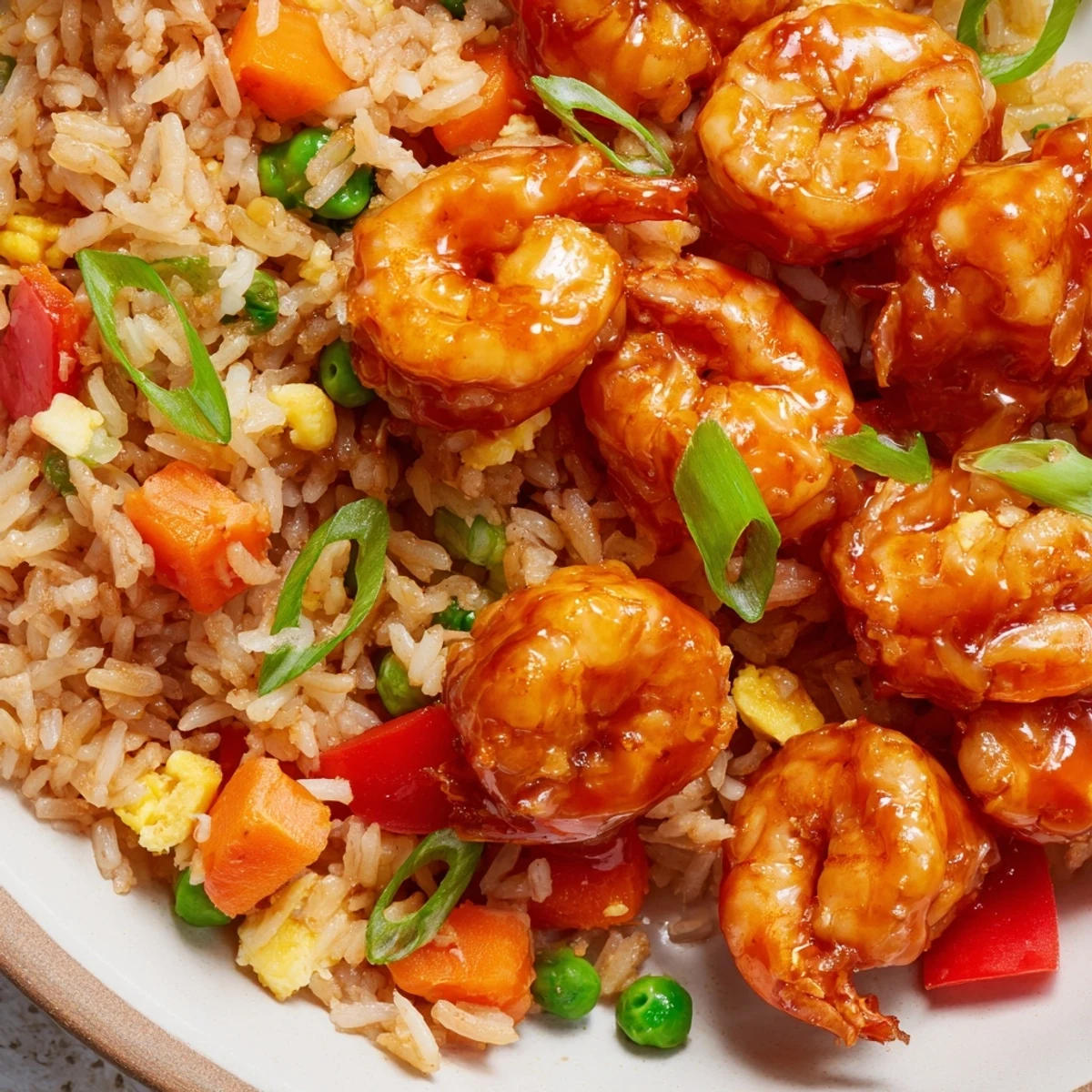 Sizzling garlic prawns atop fragrant jasmine fried rice glazed in sweet chilli sauce