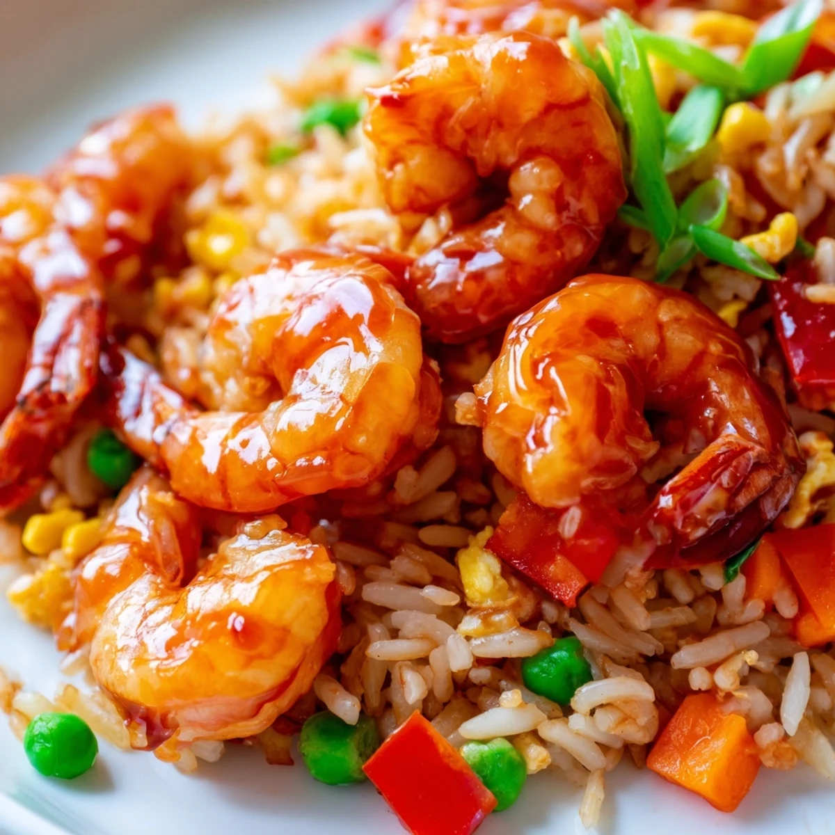 Plate of succulent garlic prawns served alongside vegetable-packed sweet chilli fried rice