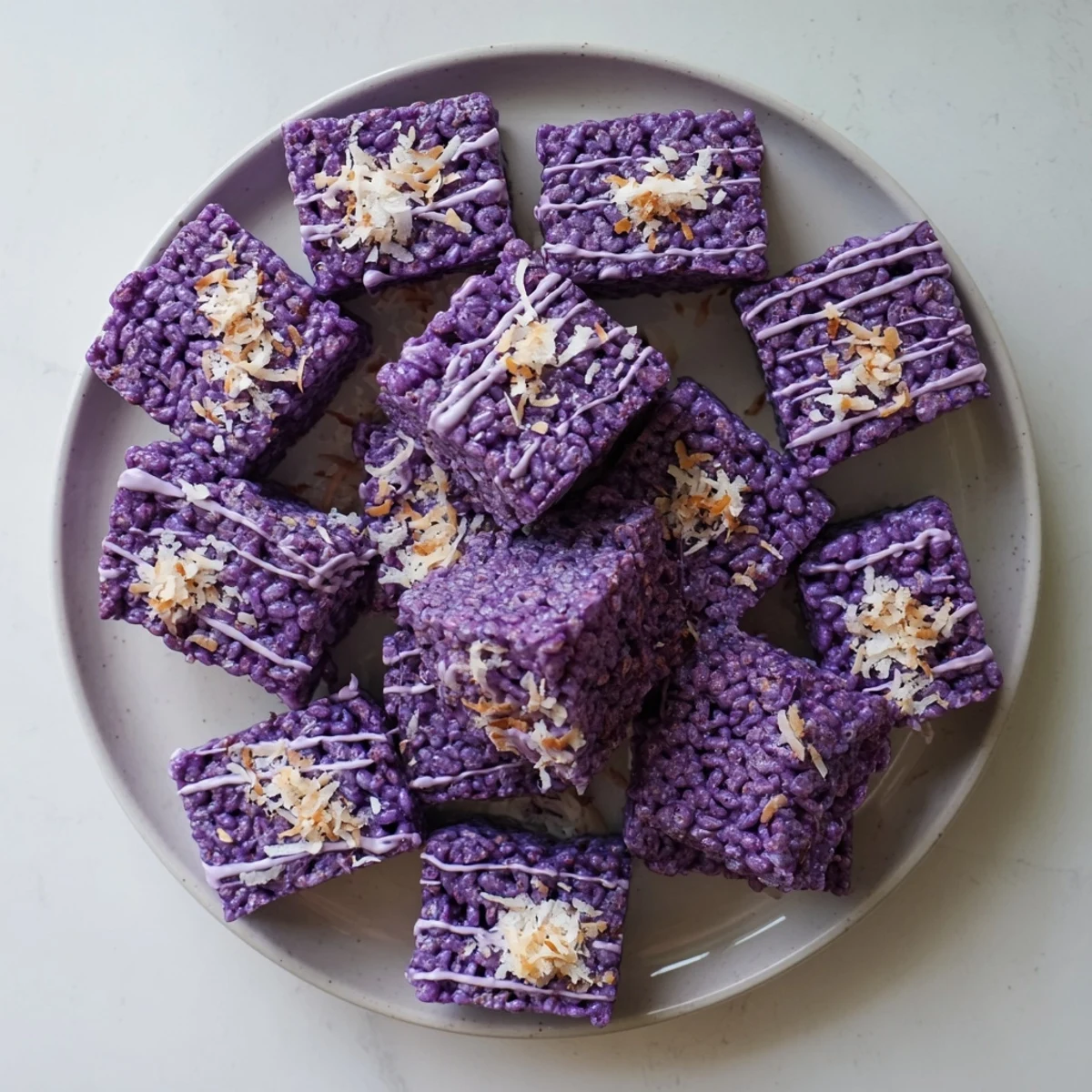 Vibrant purple ube rice krispie treats topped with melted white chocolate and toasted coconut flakes