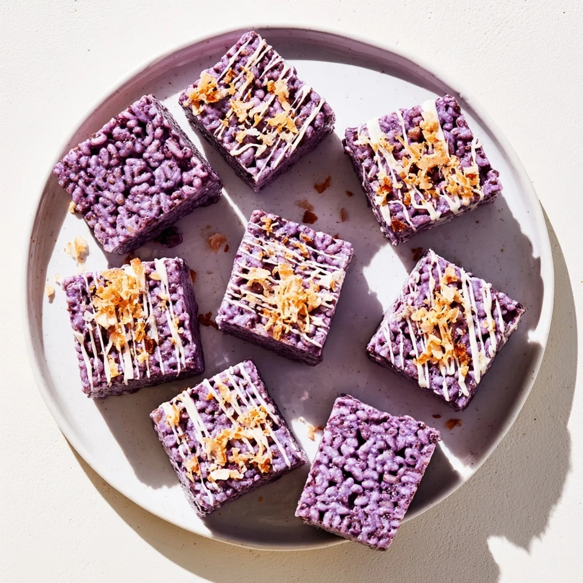 Chewy Filipino-American ube rice krispie bars with colorful purple swirls and crispy rice texture