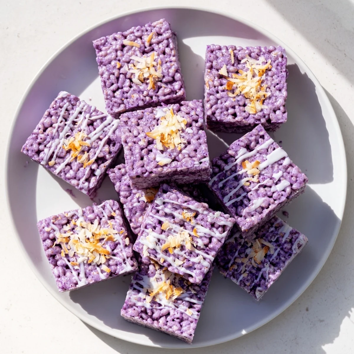 Homemade ube rice krispie squares studded with mini marshmallows and creamy purple yam jam