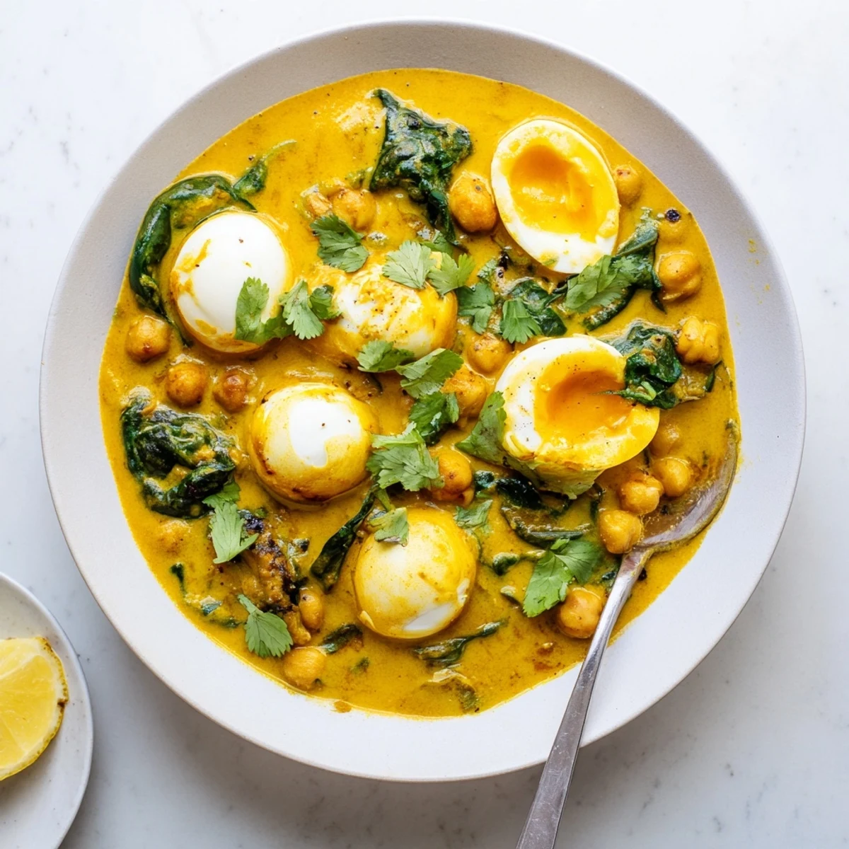 Creamy mild egg korma with chickpeas and spinach served in a bowl