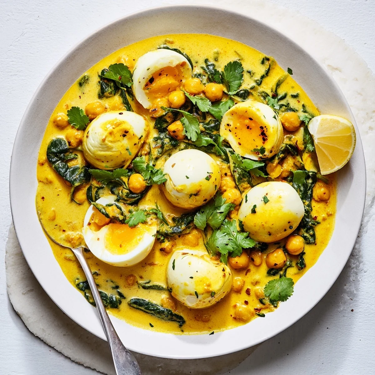 Golden halved eggs nestled in fragrant korma sauce with fresh cilantro garnish