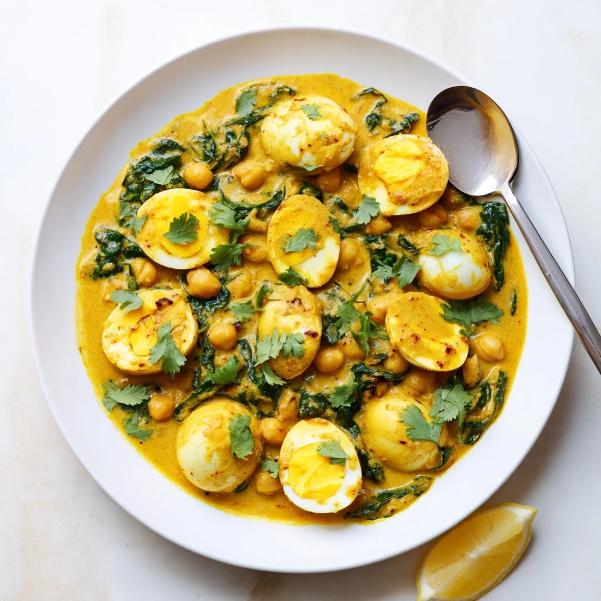 Hearty vegetarian curry featuring tender eggs, spinach, and chickpeas in creamy sauce