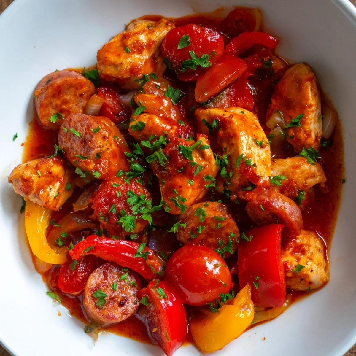 Golden chicken chorizo and tomato casserole bubbling in a Dutch oven with colorful bell peppers