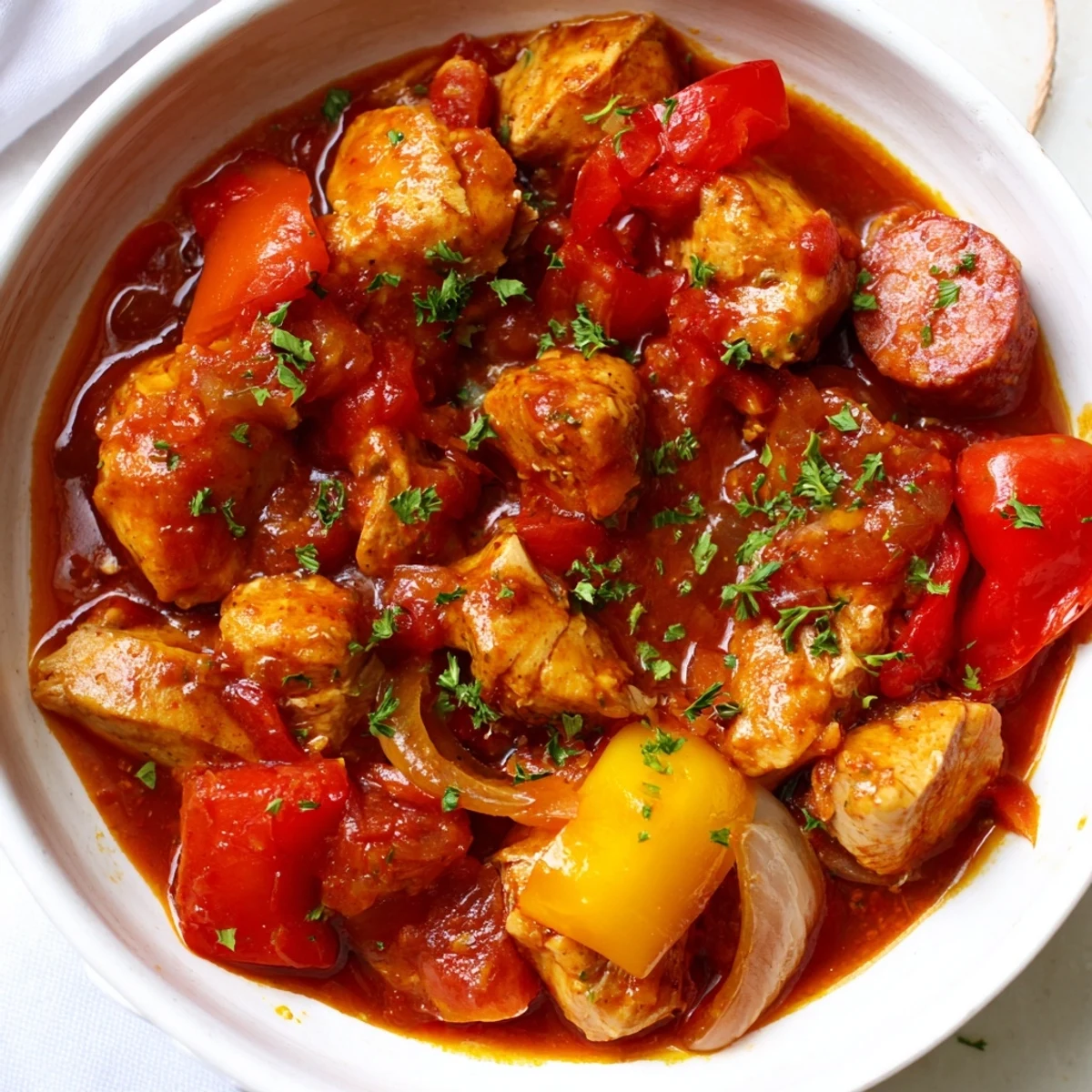 Steaming Spanish-inspired chicken chorizo and tomato casserole garnished with fresh parsley and crusty bread