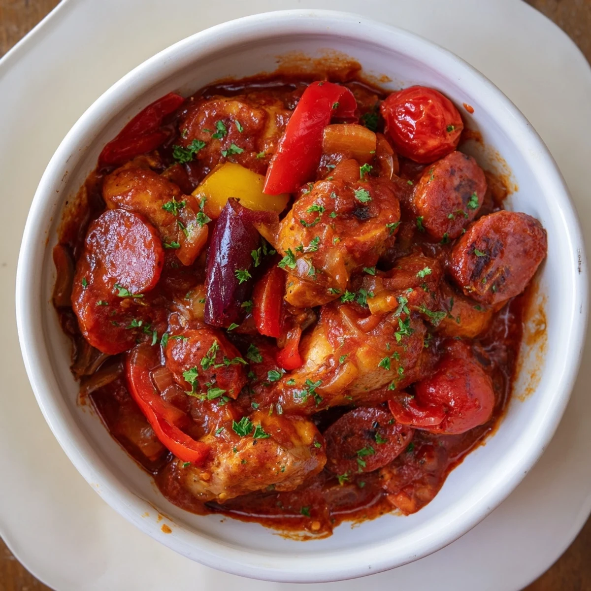 Hearty one-pot chicken chorizo and tomato casserole featuring tender meats in rich red sauce