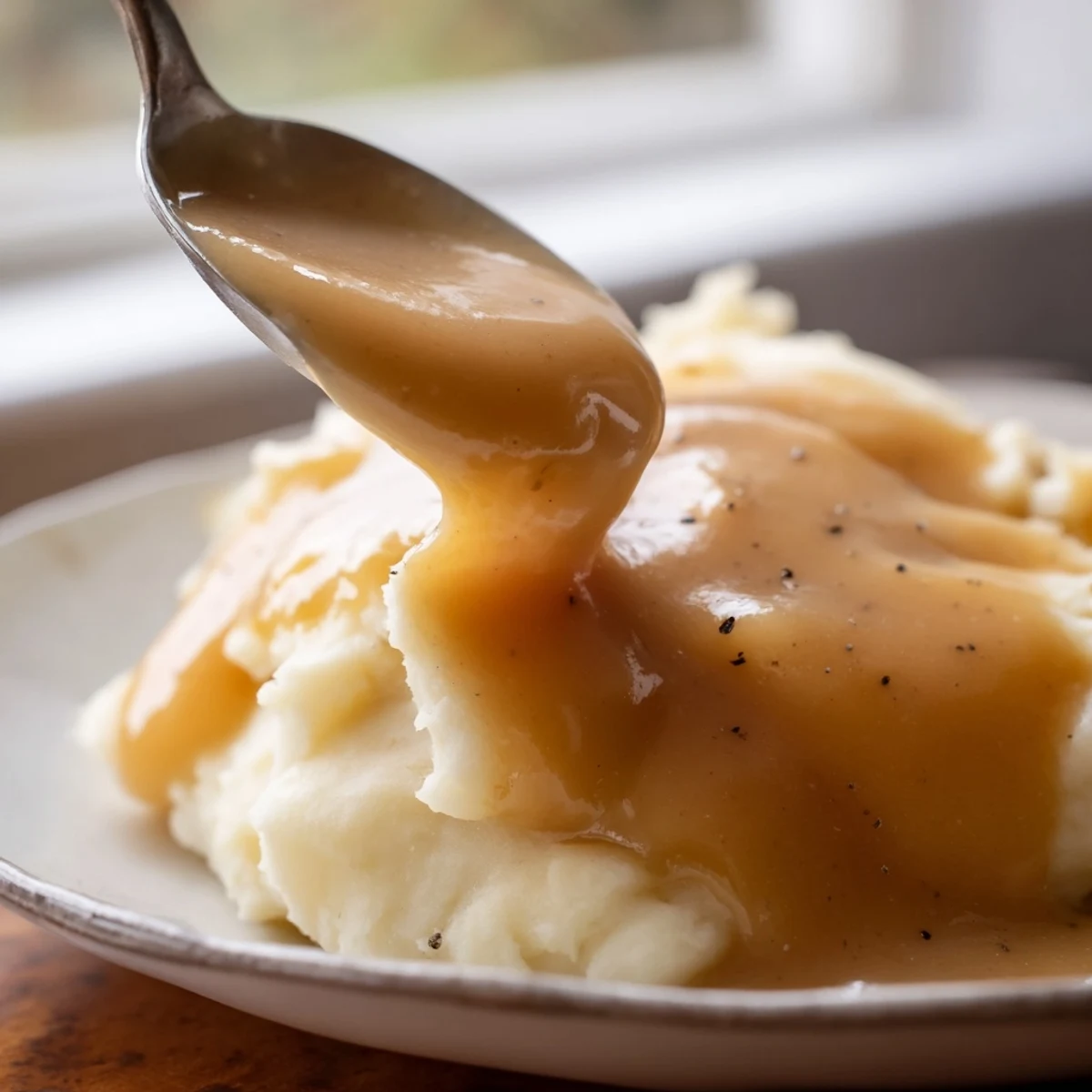 Golden homemade gravy poured generously over fluffy mashed potatoes in a white bowl