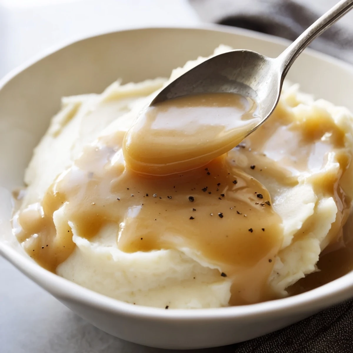 Rich brown homemade gravy pooled beside herb-roasted turkey and roasted vegetables on a ceramic plate