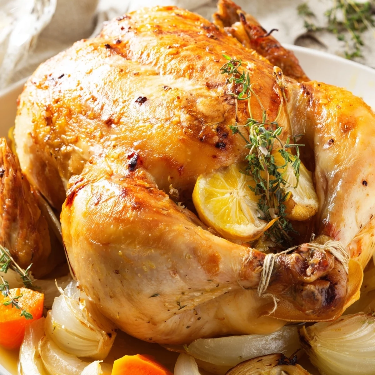 Golden roasted whole chicken glazed with olive oil and stuffed with lemon halves and garlic