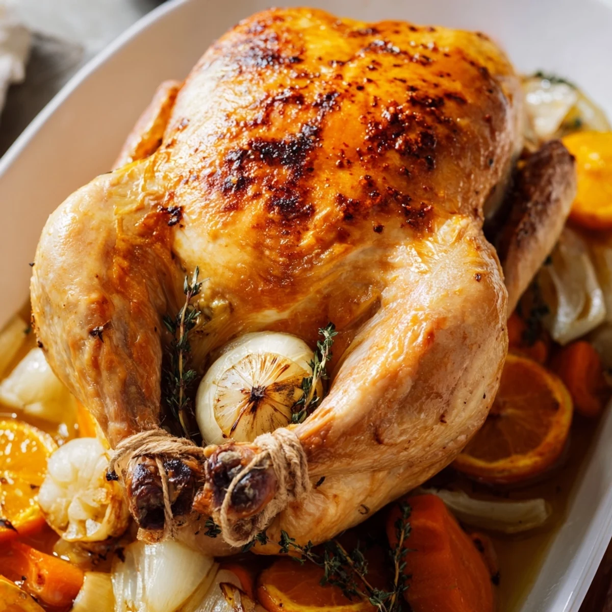 Mediterranean style roast garlic and lemon chicken resting on a bed of caramelized roasted vegetables