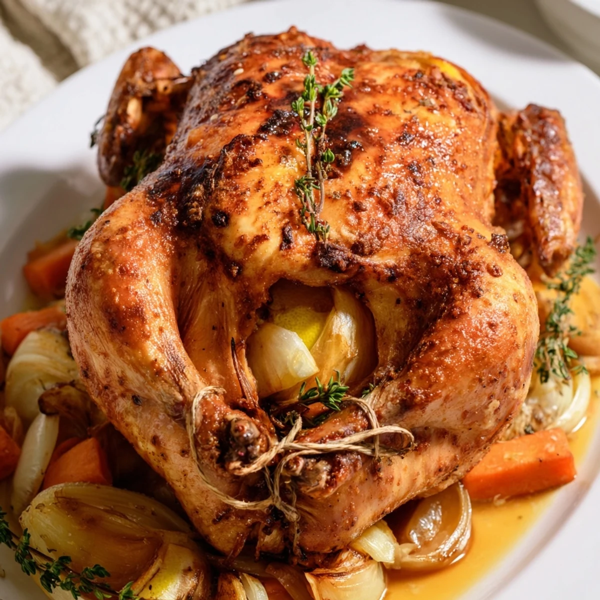 Succulent lemon garlic roast chicken with crispy golden skin and fresh thyme sprigs
