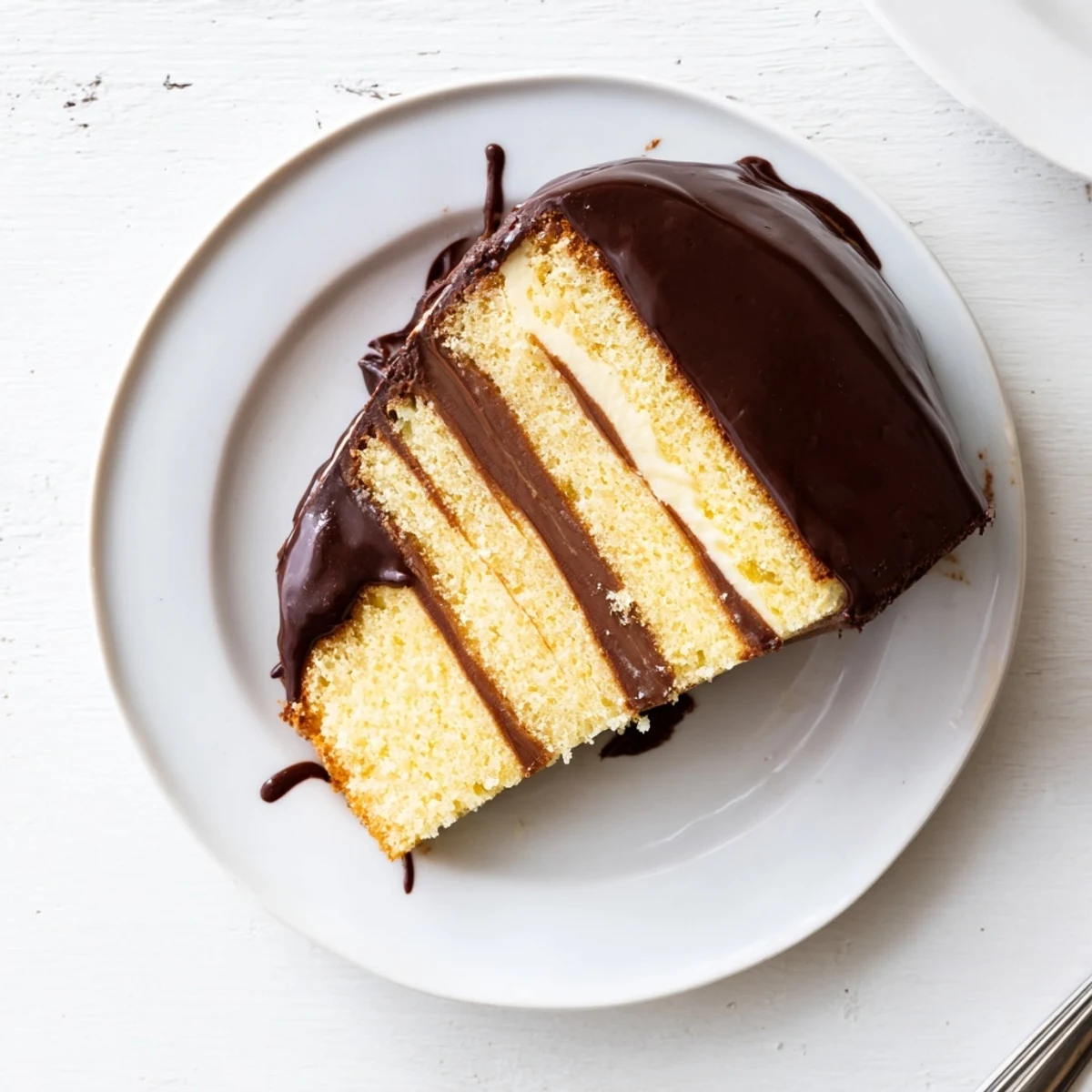 Golden classic Boston cream pie with thick creamy vanilla pastry cream sandwiched between tender sponge cake and glossy chocolate glaze
