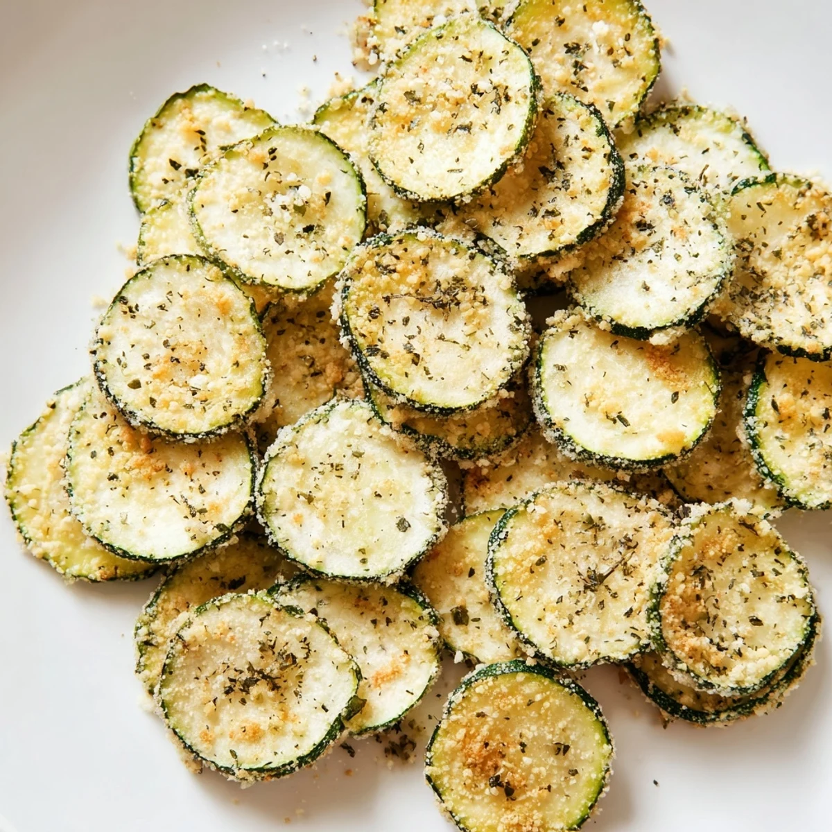 Golden crispy ranch cucumber chips arranged on a wooden serving board, showcasing their even texture and vibrant green edges.