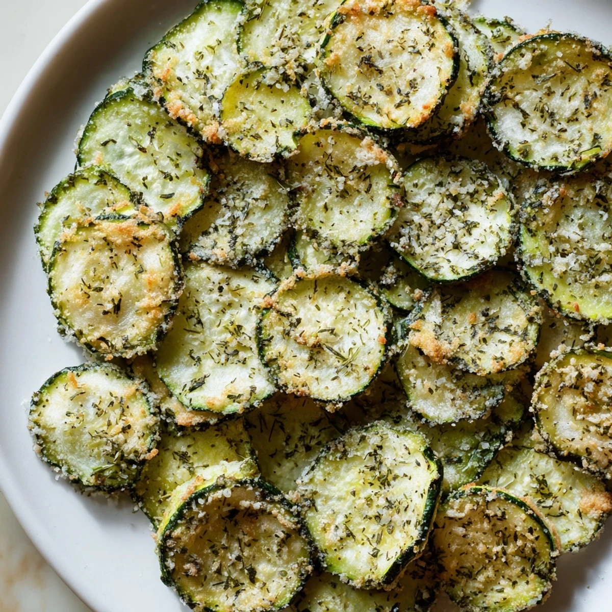 Thin sliced cucumber chips dusted with aromatic dill and garlic ranch seasoning, perfectly dehydrated for healthy snacking.