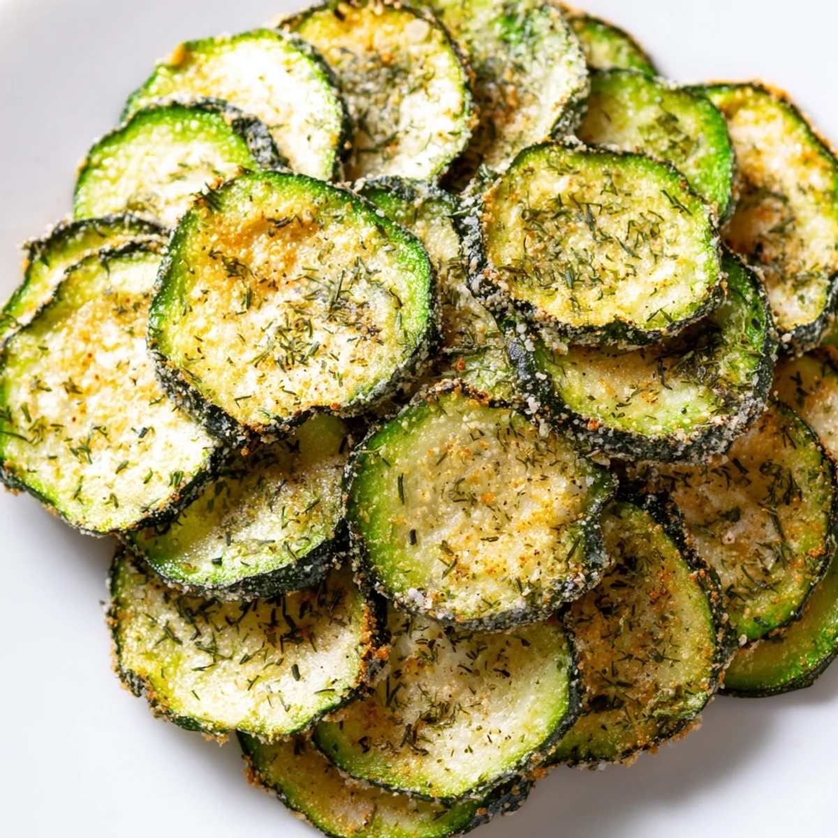 A bowl piled high with crunchy homemade ranch cucumber chips, garnished with fresh parsley sprouts alongside the zesty snack.