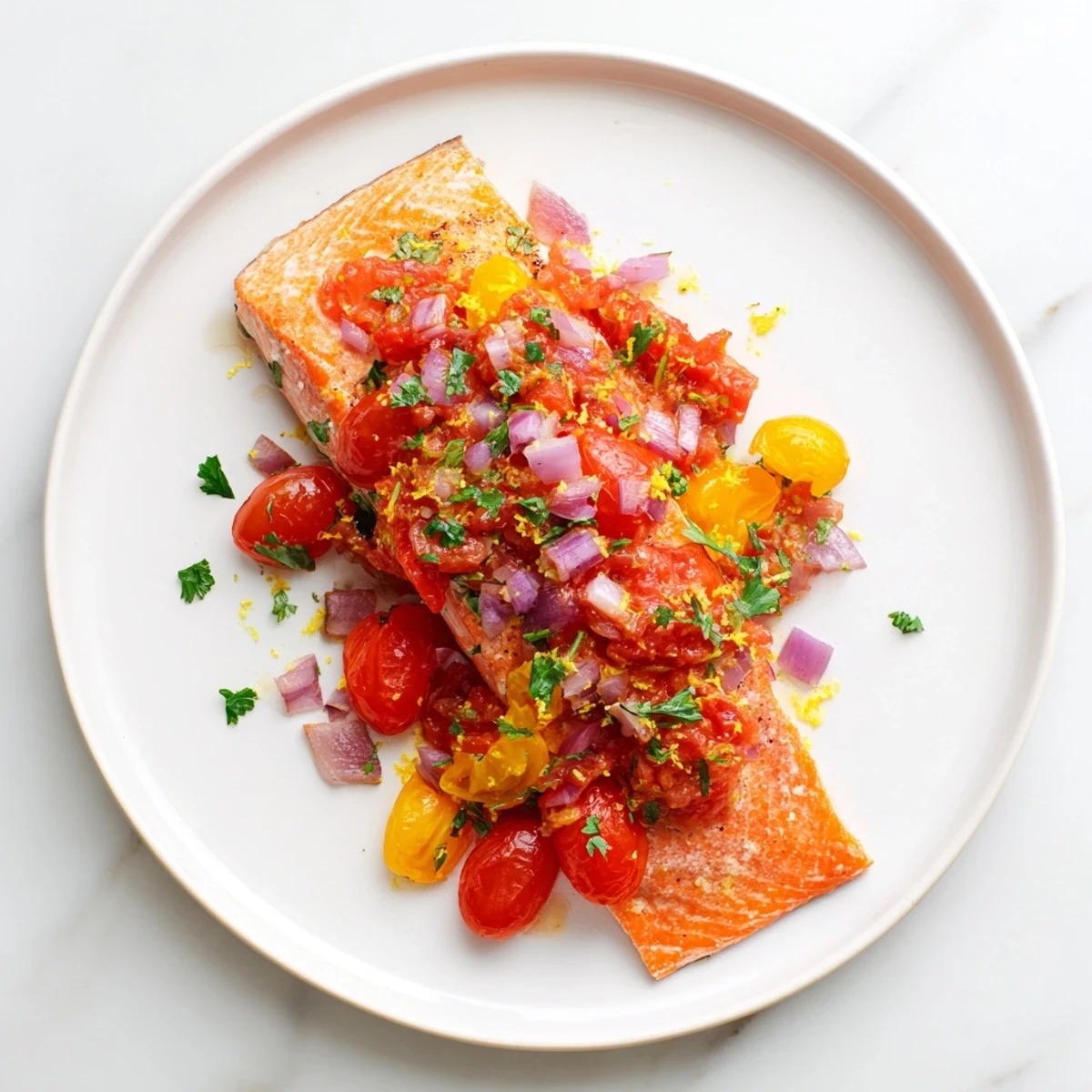 Easy salmon dinner with juicy cherry tomatoes and bright lemon sauce served on white plate
