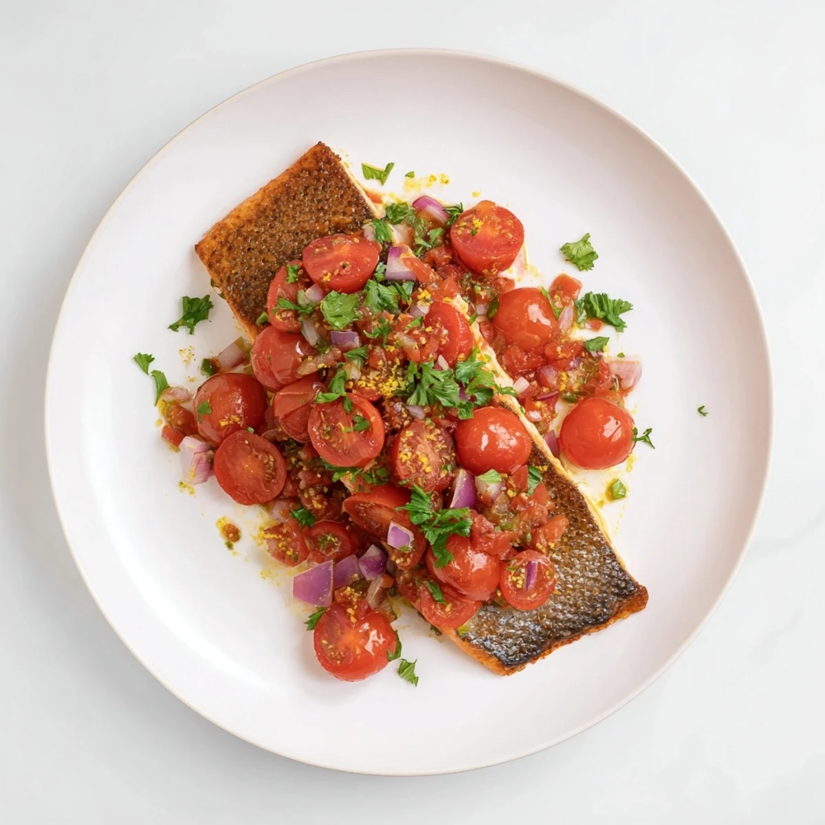 Golden pan-seared salmon fillets nestled in vibrant tomato lemon sauce with fresh parsley