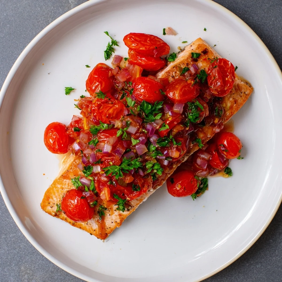 Flaky salmon topped with zesty lemon tomato sauce and garnished with chopped green herbs