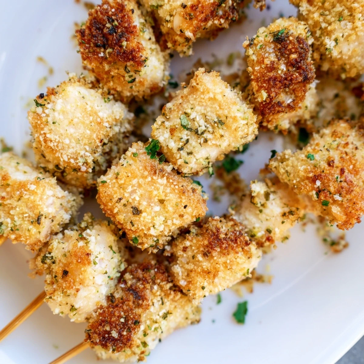 Juicy chicken cubes threaded onto skewers with crispy Parmesan coating, perfectly air-fried to golden brown perfection