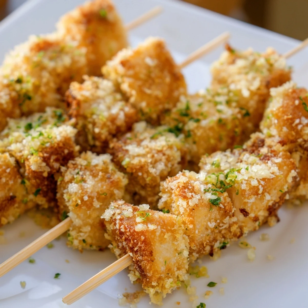 Close-up of tender chicken skewers coated in savory garlic-Parmesan breadcrumbs, arranged on a wooden serving board