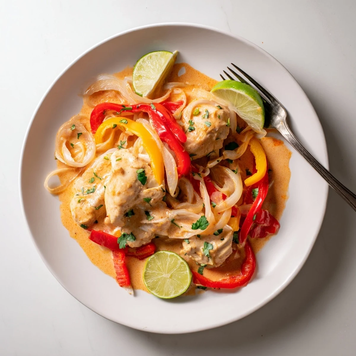 Golden spicy Brazilian coconut chicken simmered in creamy white sauce with colorful bell peppers and fresh cilantro garnish