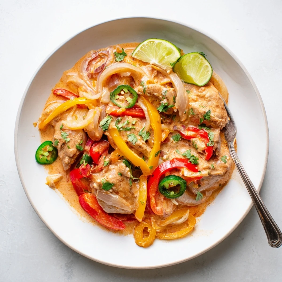 Tender chicken thighs coated in vibrant red coconut curry sauce served over fluffy white rice with lime wedges