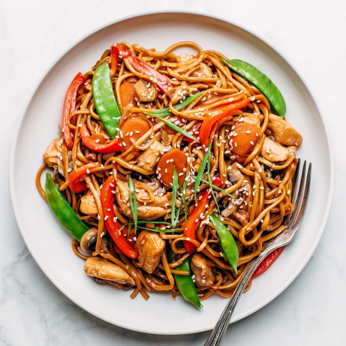 Glossy lo mein noodles coated in savory soy sauce with sliced bell peppers and carrots