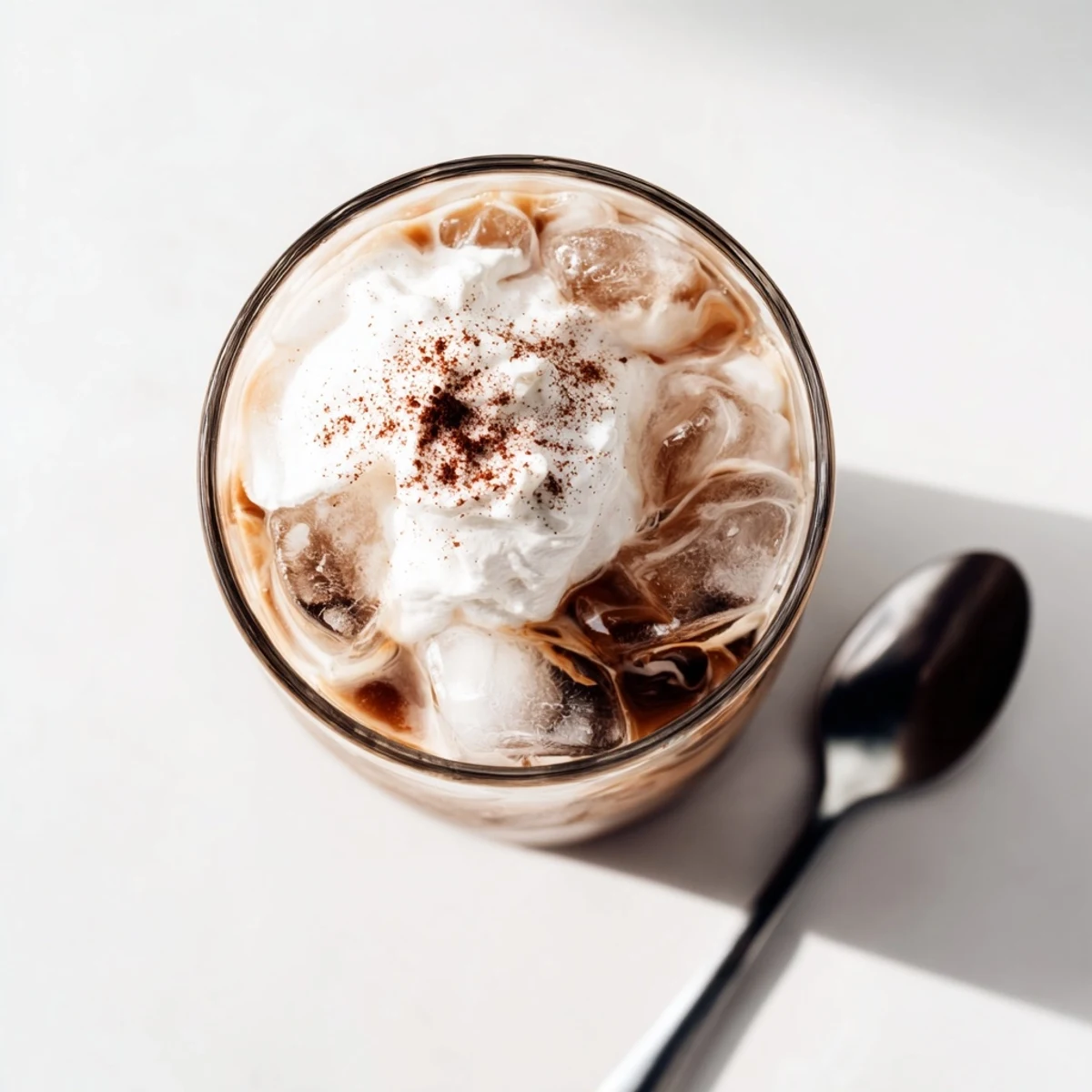 Tall glass of refreshing iced coffee filled with ice cubes and topped with creamy milk