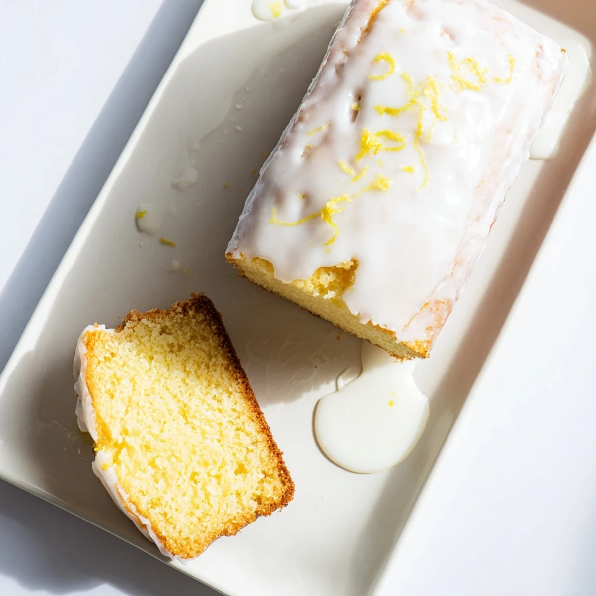Golden glazed lemon loaf cake slices on a wooden board with fresh citrus