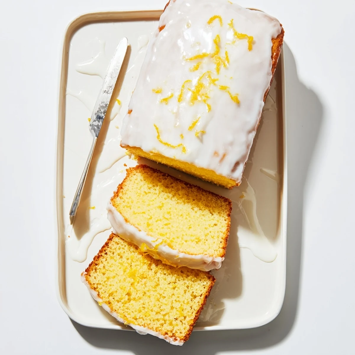 Moist lemon loaf cake drizzled with white citrus glaze on a serving plate