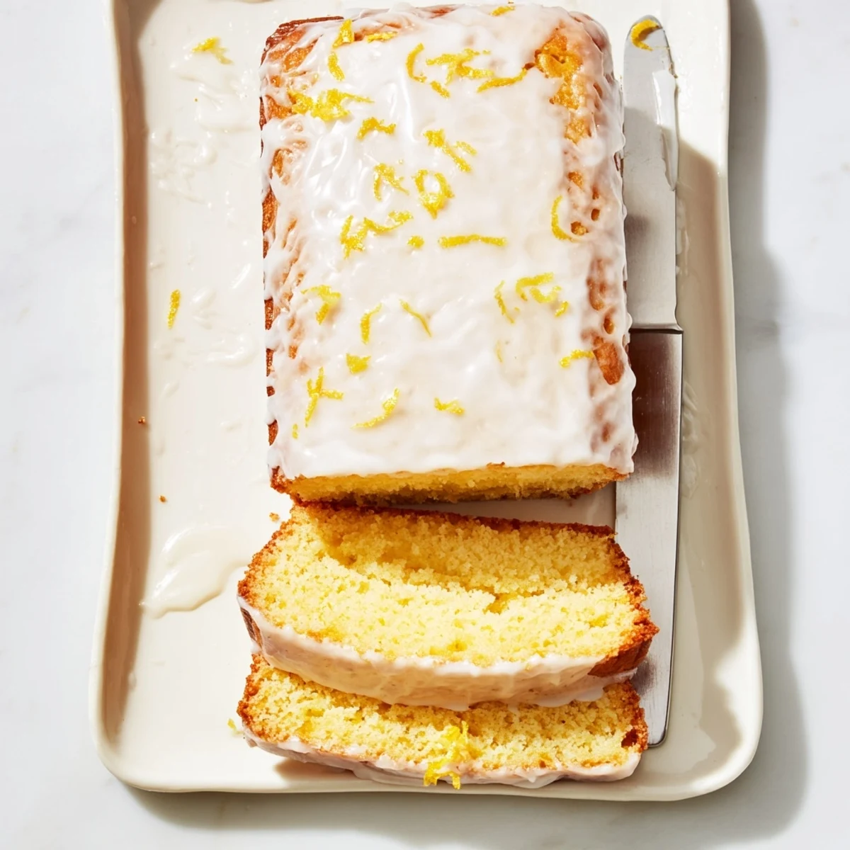 Zesty bright lemon loaf with powdered sugar topping and tea service backdrop