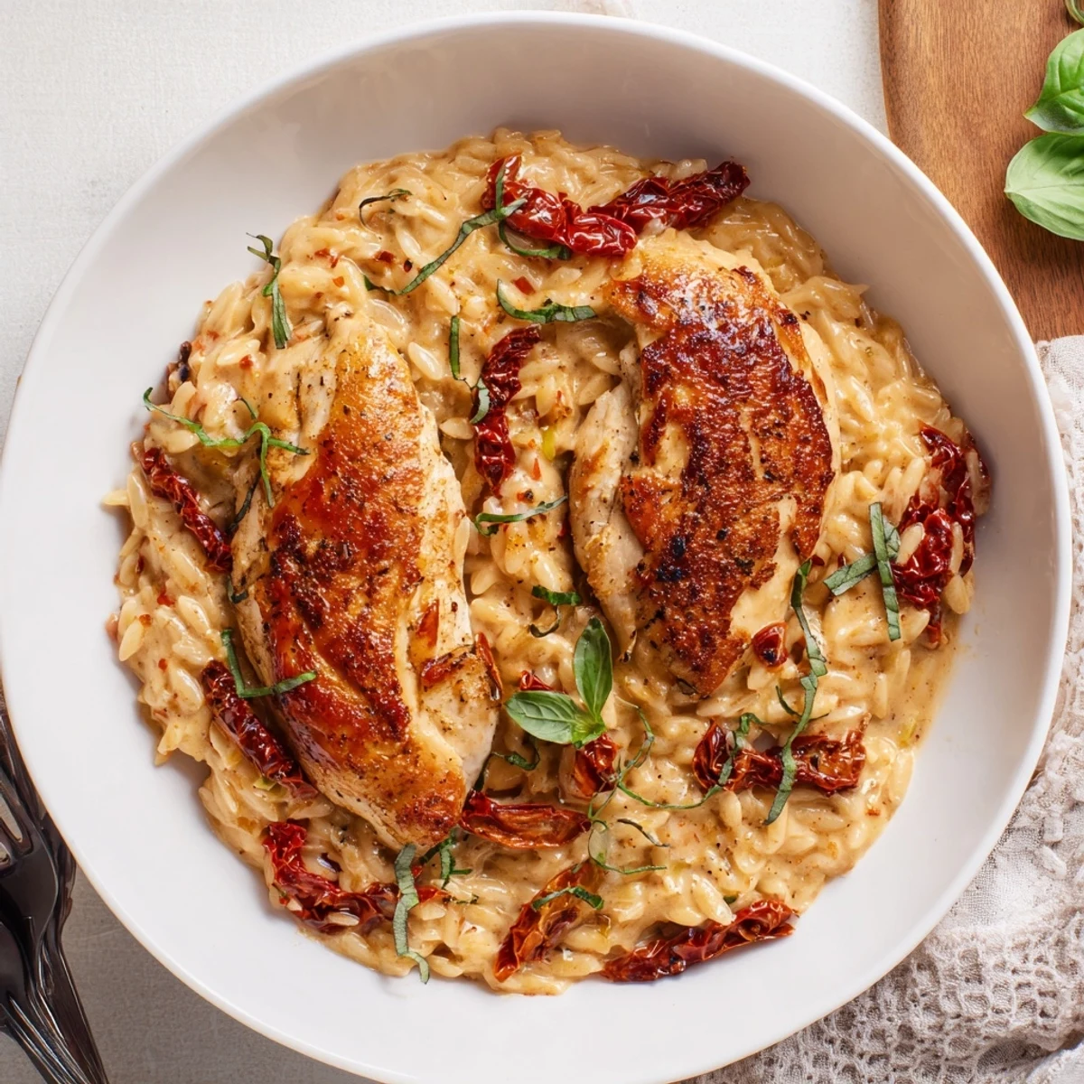 Golden seared chicken breasts resting over creamy orzo pasta with sun-dried tomatoes and fresh basil garnish