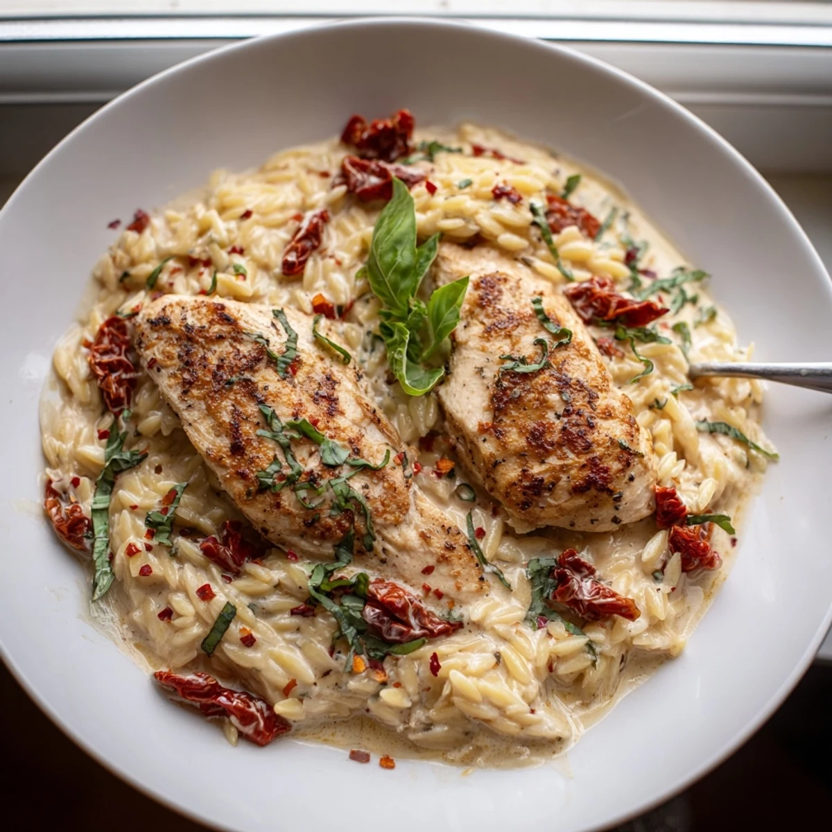 Romantic date night chicken and orzo dish plated with rich cream sauce, sun-dried tomatoes, and parmesan