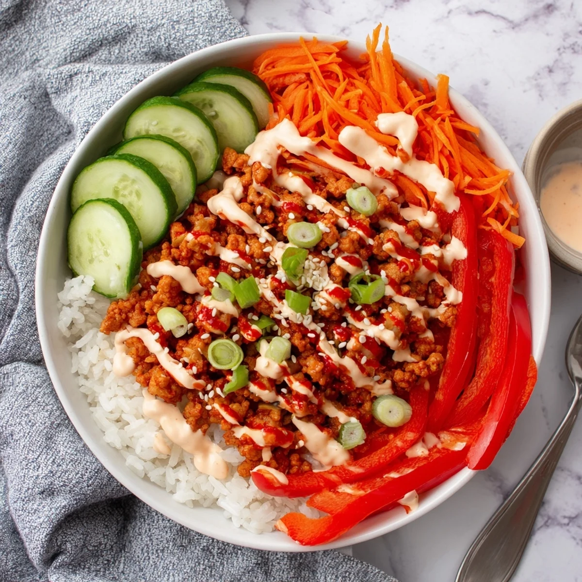 Spicy firecracker ground chicken bowl with jasmine rice, crisp vegetables, and creamy sriracha drizzle