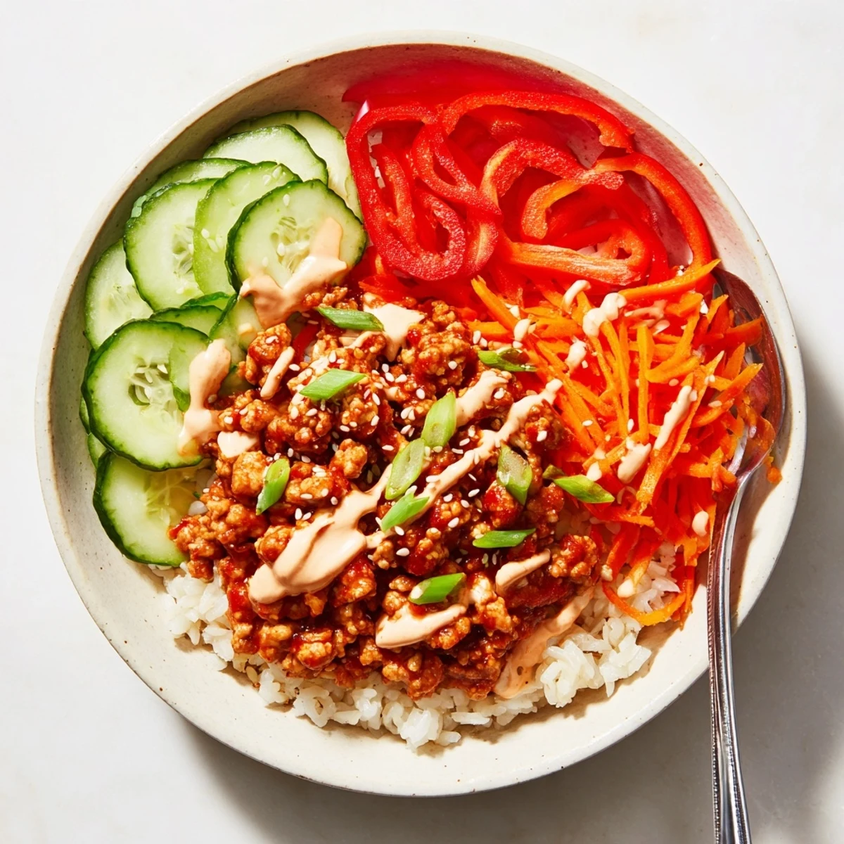 Vibrant Asian-inspired firecracker ground chicken served over fluffy rice with fresh cucumber and carrots