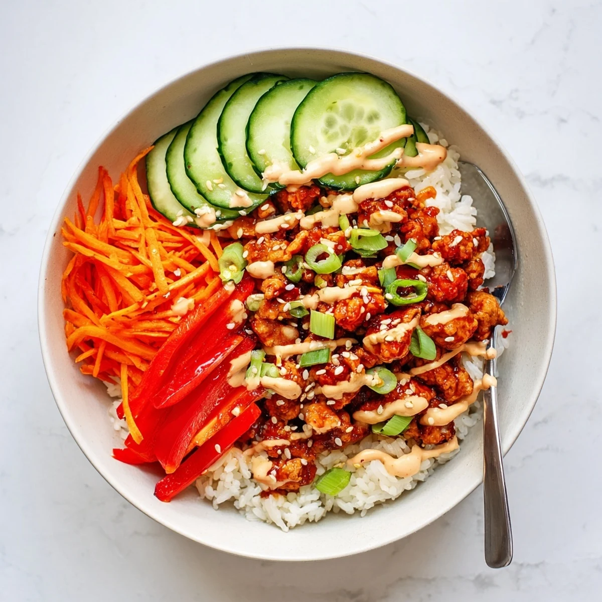 Savory firecracker ground chicken in fiery red sauce atop rice with colorful crunchy toppings