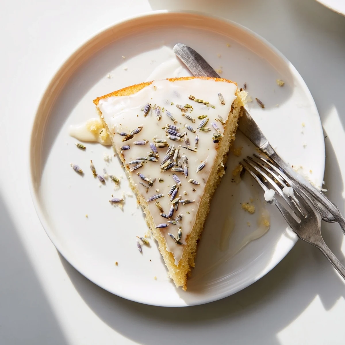 Moist lemon lavender cake slice on a decorative cake stand showcasing tender yellow crumb and fragrant floral glaze topping
