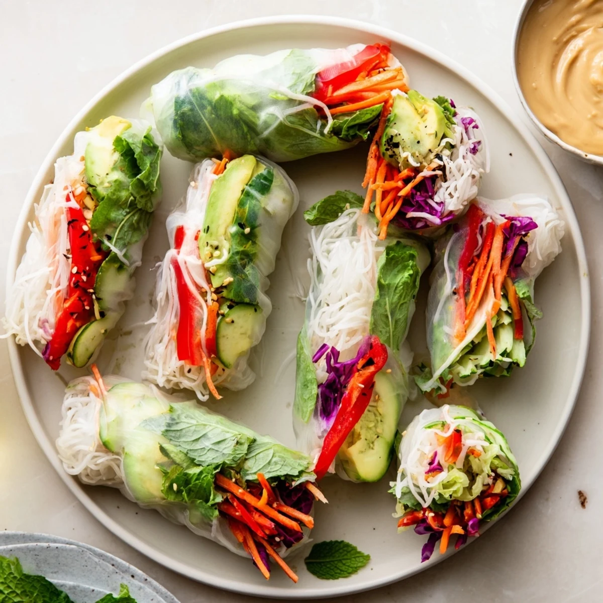 Golden translucent fresh spring rolls revealing colorful julienned vegetables and vibrant green herbs inside