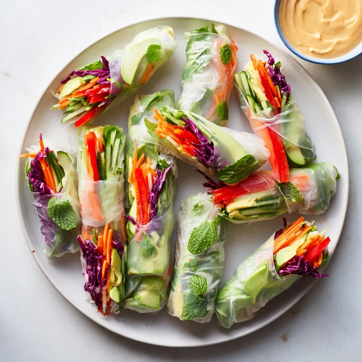 Crispy vegetable fresh spring rolls arranged on white plate beside rich creamy peanut dipping sauce